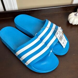 NEW Adidas Bright Blue Slides with White Stripes